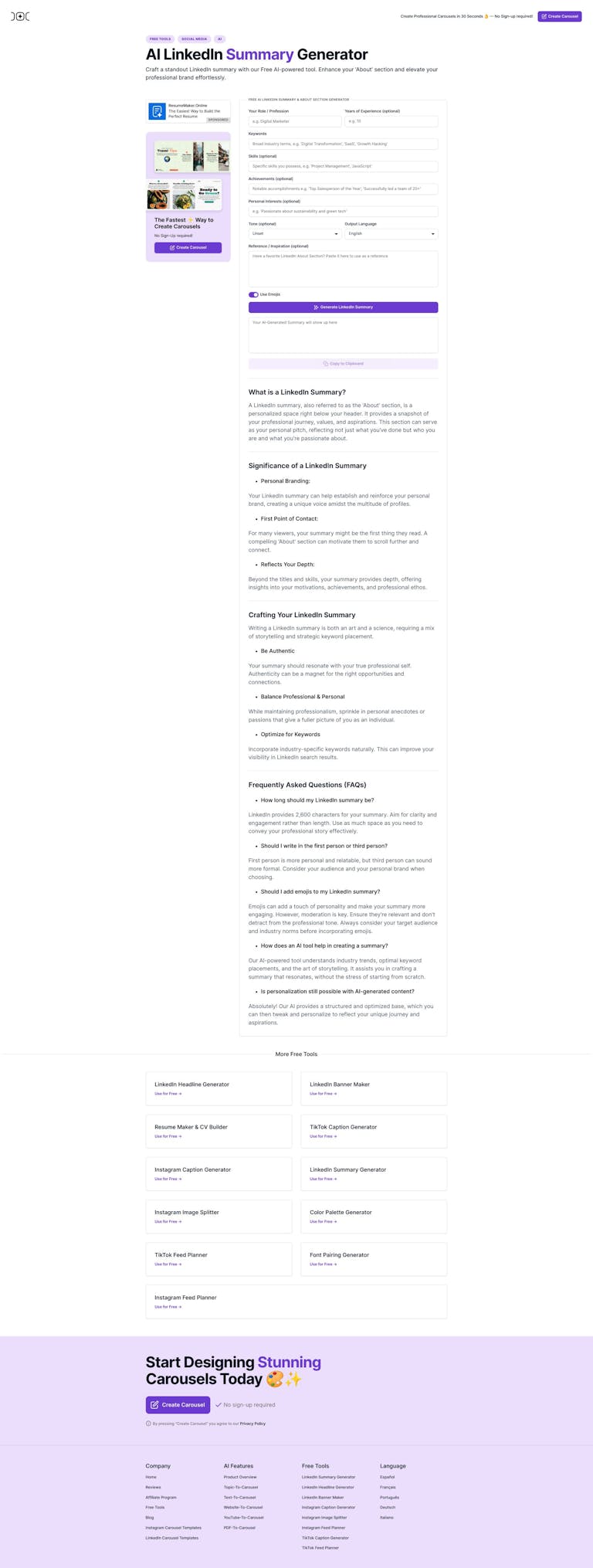 Screenshot of LinkedIn Summary Generator by aiCarousels