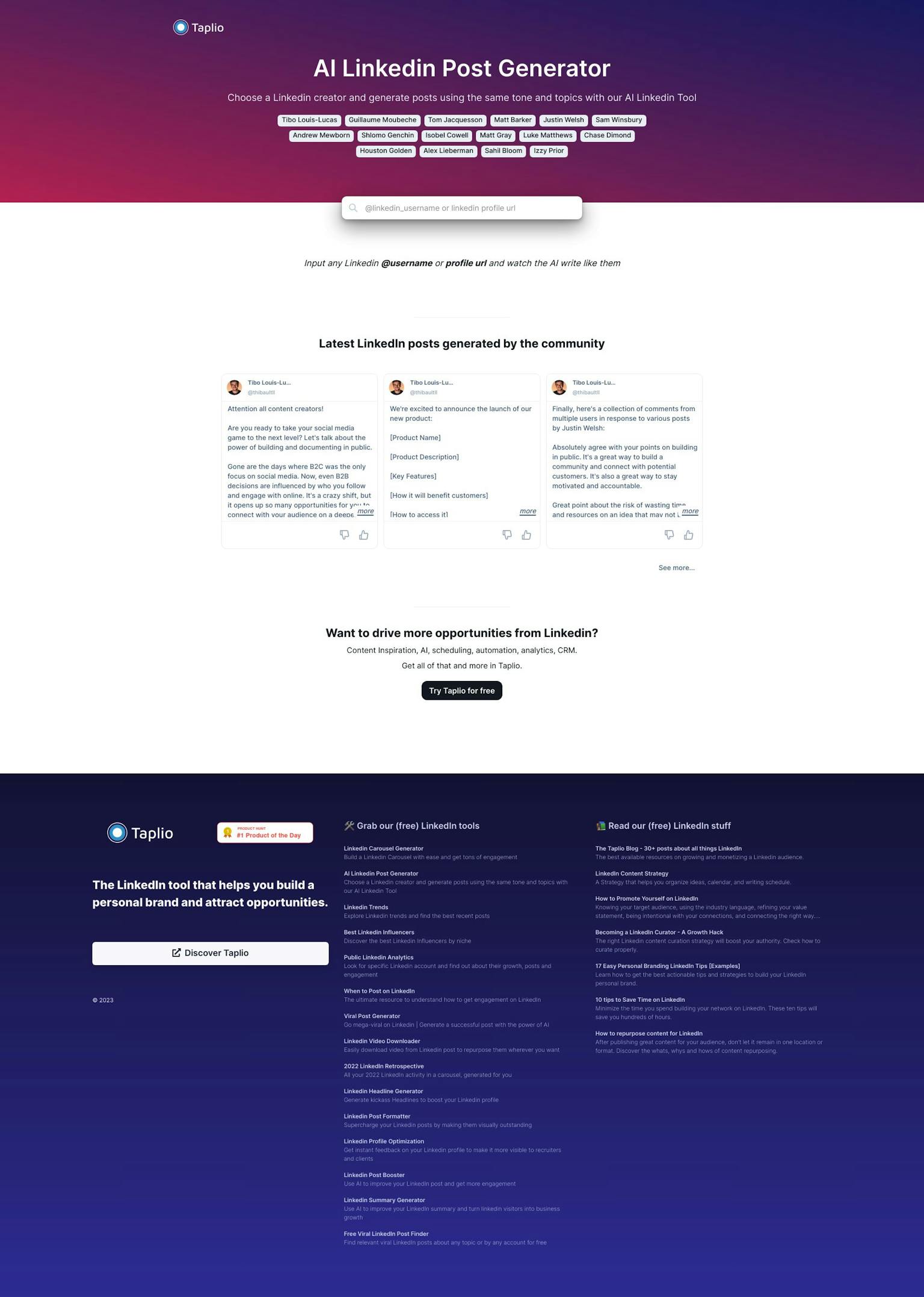 Screenshot of AI LinkedIn Post Generator by Taplio