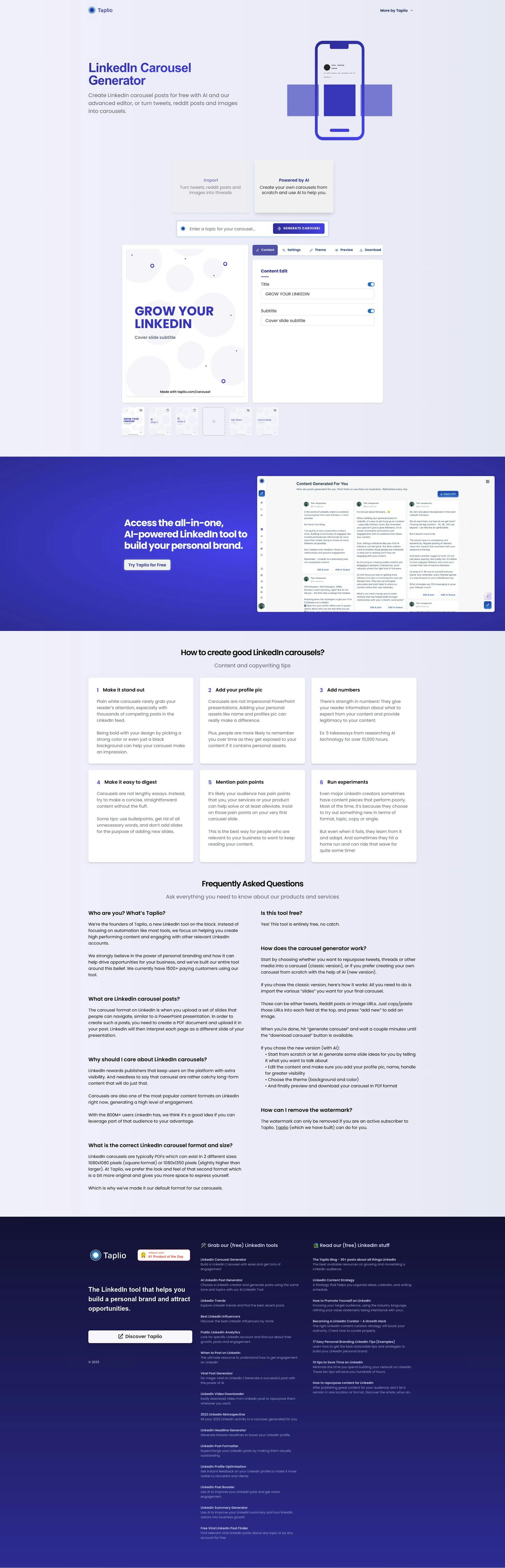 Screenshot of LinkedIn Carousel Generator by Taplio