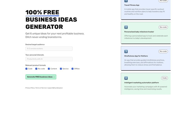 Screenshot of Business Ideas Generator by FounderPal