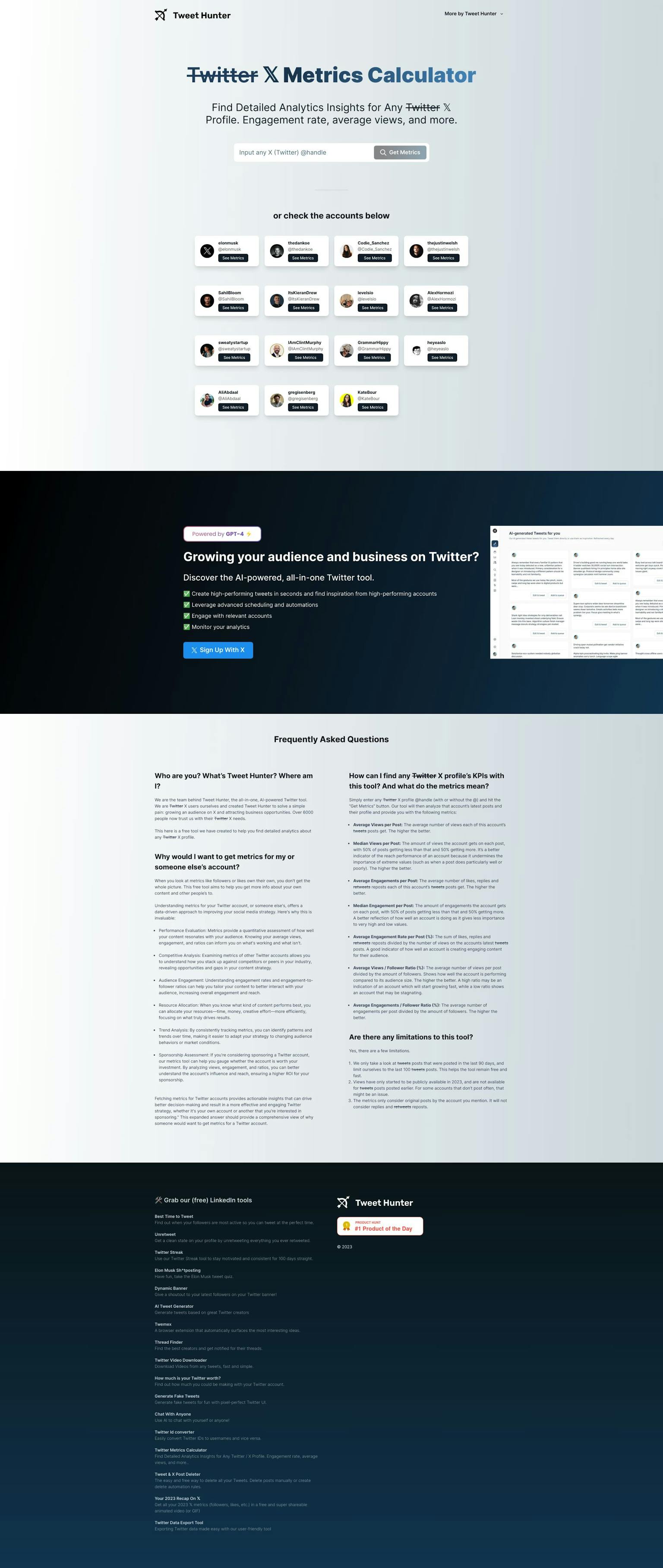 Screenshot of Twitter Metrics Calculator by Tweet Hunter