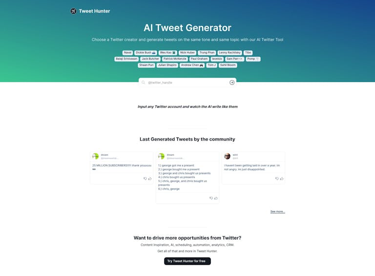Screenshot of AI Tweet Generator by Tweet Hunter