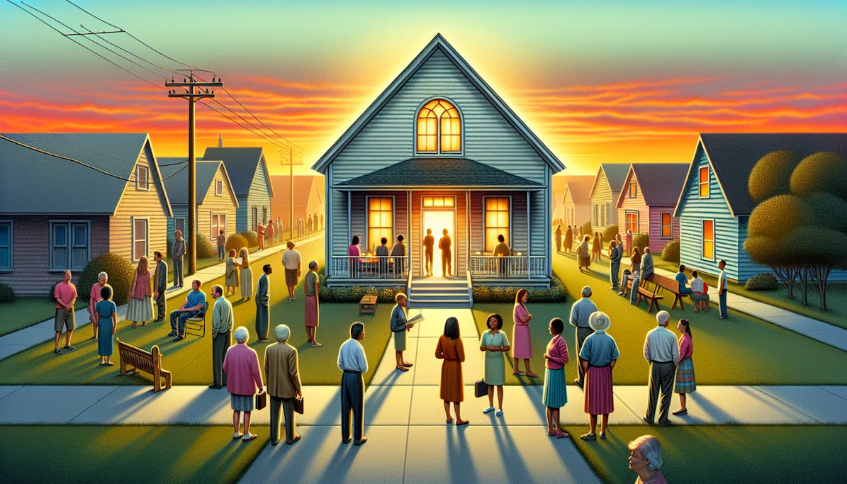 An image showcasing the concept of rising house churches, without specific individuals. Visualize a house in a calm suburban neighborhood. This is not any ordinary house but a place of worship, and there are no signs or marks that would typically distinguish it as such. There are people standing outside, waiting to go in, showing a mix of ethnicities and genders. The house emanates a warm and inviting glow, signaling the spiritual and emotional warmth inside. The sky depicts the break of dawn, symbolizing the 'rise' of these house churches. Some people are seen going inside, while others are engaging in friendly conversation outside depicting community spirit.