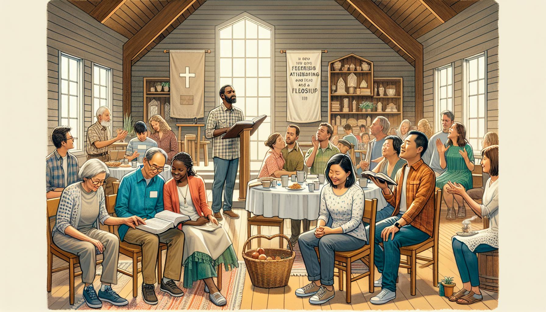 A vision for an authentic church community where people of different descents and genders authentically living out their faith together. The scene captures the unity and diversity of the congregation, with people praying, singing, studying the Bible, and participating in fellowship. There's a Asian man leading a Bible study in one corner, an African woman leading a prayer circle in another, a Caucasian couple singing hymns, and a Middle-Eastern man sharing a meal with a Hispanic lady. The church is designed in a rustic, welcoming style, symbolizing warmth and openness in Christ