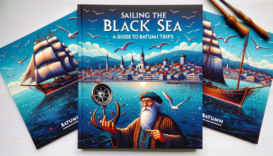 An illustrated guide cover for a book titled 'Sailing the Black Sea: A Guide to Batumi Boat Trips'. The cover features a vibrant scene: an azure sky above the shimmering Black Sea, with seagulls soaring in the air. In the distance, a small sailboat is journeying towards the horizon. The cityscape of Batumi, with its unique blend of modern and traditional architecture, can be seen in the background. In the forefront, a captivating old sailor of indeterminable descent is holding a rustic compass, pointing towards Batumi.