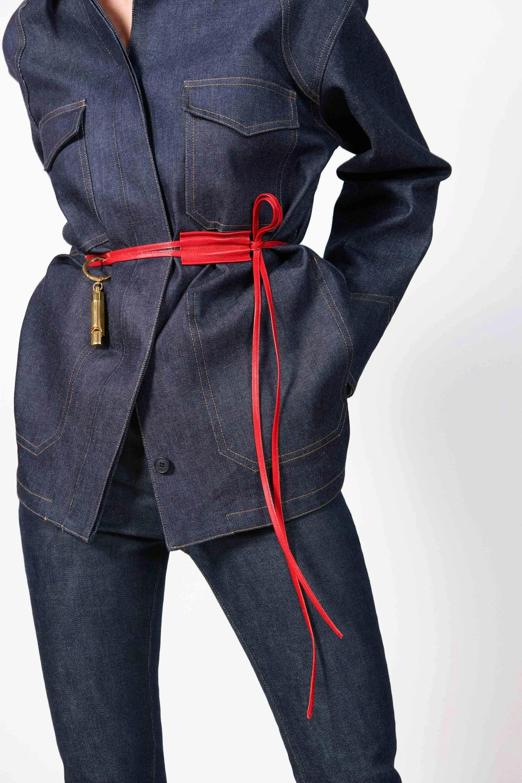 Photo by Victoria Beckham victoria beckham, victoria beckham denim, victoria beckham jeans, wrap belt, denim jacket, raw denim, red belt