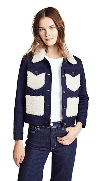 adam lippes, shearling, colorblock, flight jacket, denim jacket, jean jacket, corded denim adam lippes, shearling, colorblock, flight jacket, denim jacket, jean jacket, corded denim