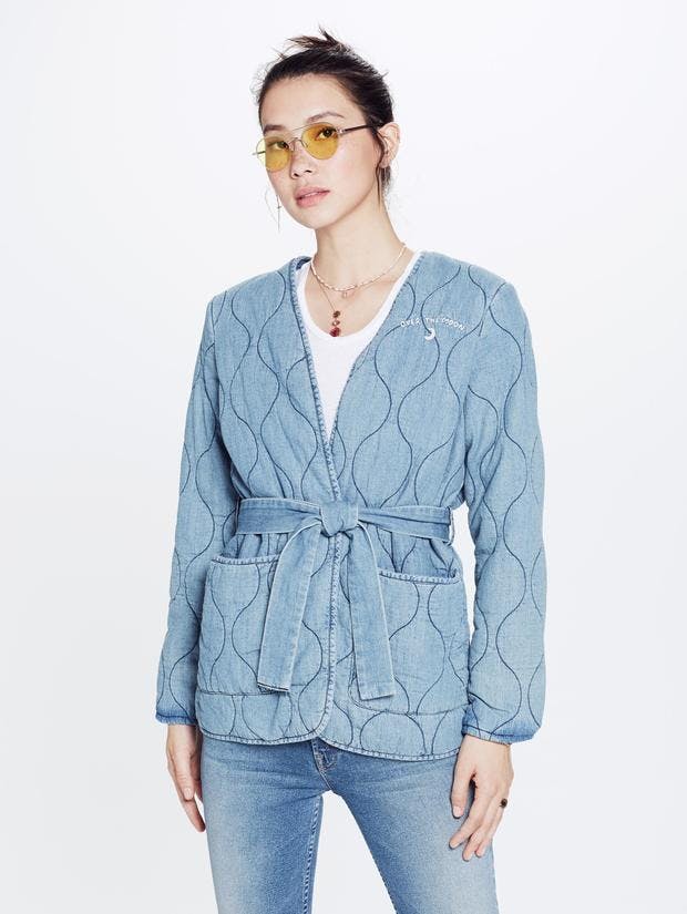 mother, denim jacket, jean jacket, denim robe, quilted denim, lightwash denim, denim wrap mother, denim jacket, jean jacket, denim robe, quilted denim, lightwash denim, denim wrap