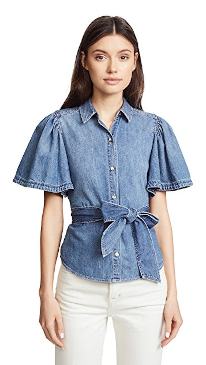 Short Sleeve Denim Top with Tie Short Sleeve Denim Top with Tie