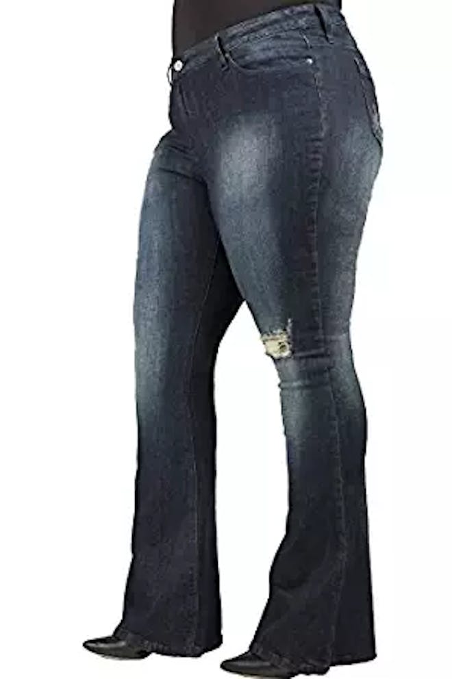 Curvy Fit Stretch Denim Distressed Flare Jeans Curvy Fit Stretch Denim Distressed Flare Jeans