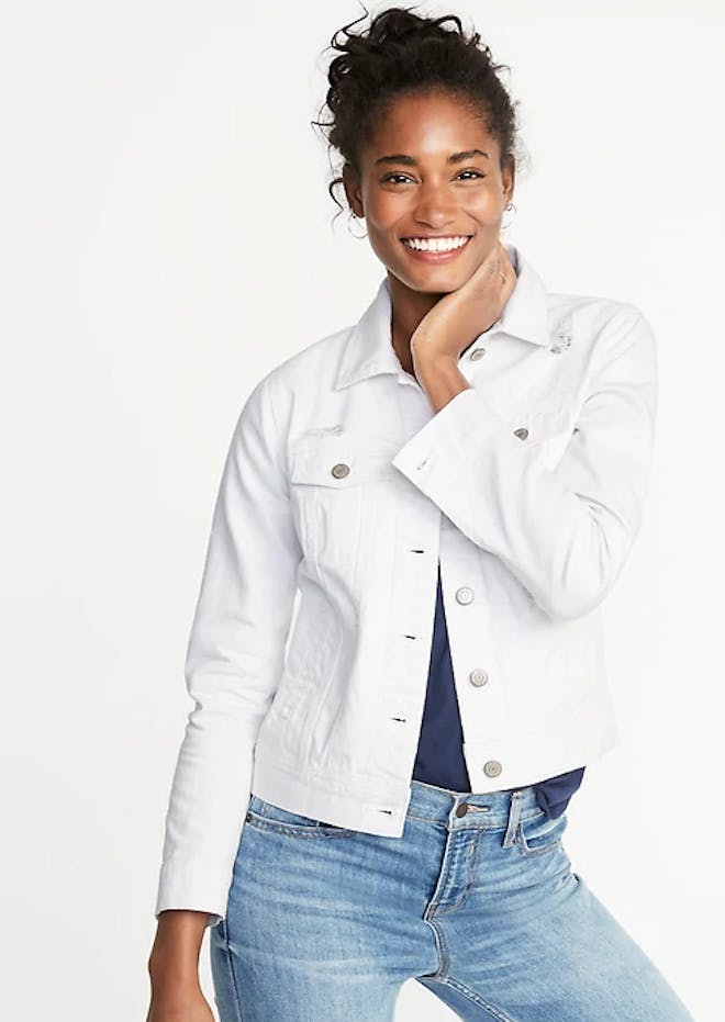 Distressed white jean jacket for women Distressed white jean jacket for women