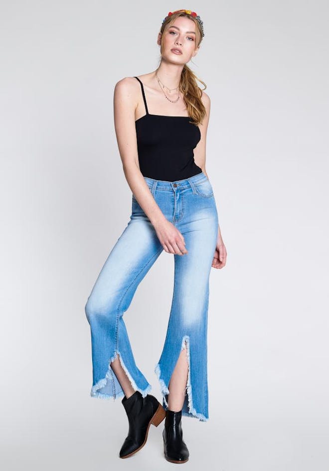 P1393 LS - Frayed Asymmetrical Flare Jeans P1393 LS - Frayed Asymmetrical Flare Jeans