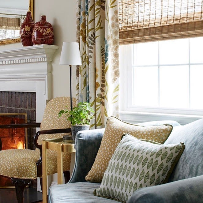 Traditional decor with muted palette in this great room