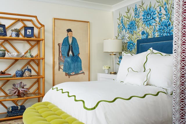 I love the frame and artwork in this bedroom - so unique and colorful