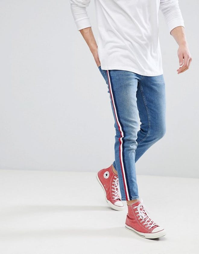 slim jeans in mid blued with wide stripe slim jeans in mid blued with wide stripe