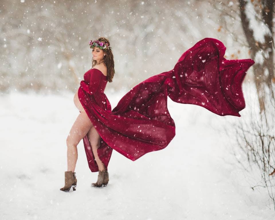 red winter maternity dress