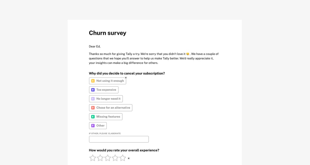 Churn survey Tally Template