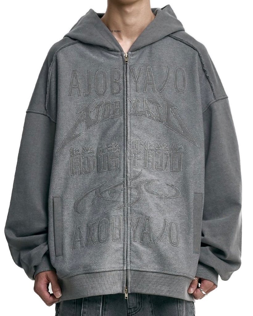 【AJO AJOBYAJO】24FW★ [PBA] Logo Applique Zip-Up Hoodie PBA] Five AJO Logos Washed Zip-Up Hoodie [CHARCOAL] - AJOBYAJO