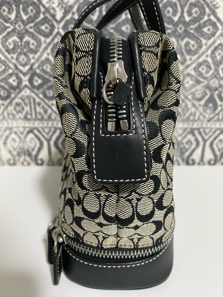 COACH ミニシグネチャー ハンドバッグ 良品】COACH コーチ ミニシグネチャー キャンバス×レザー