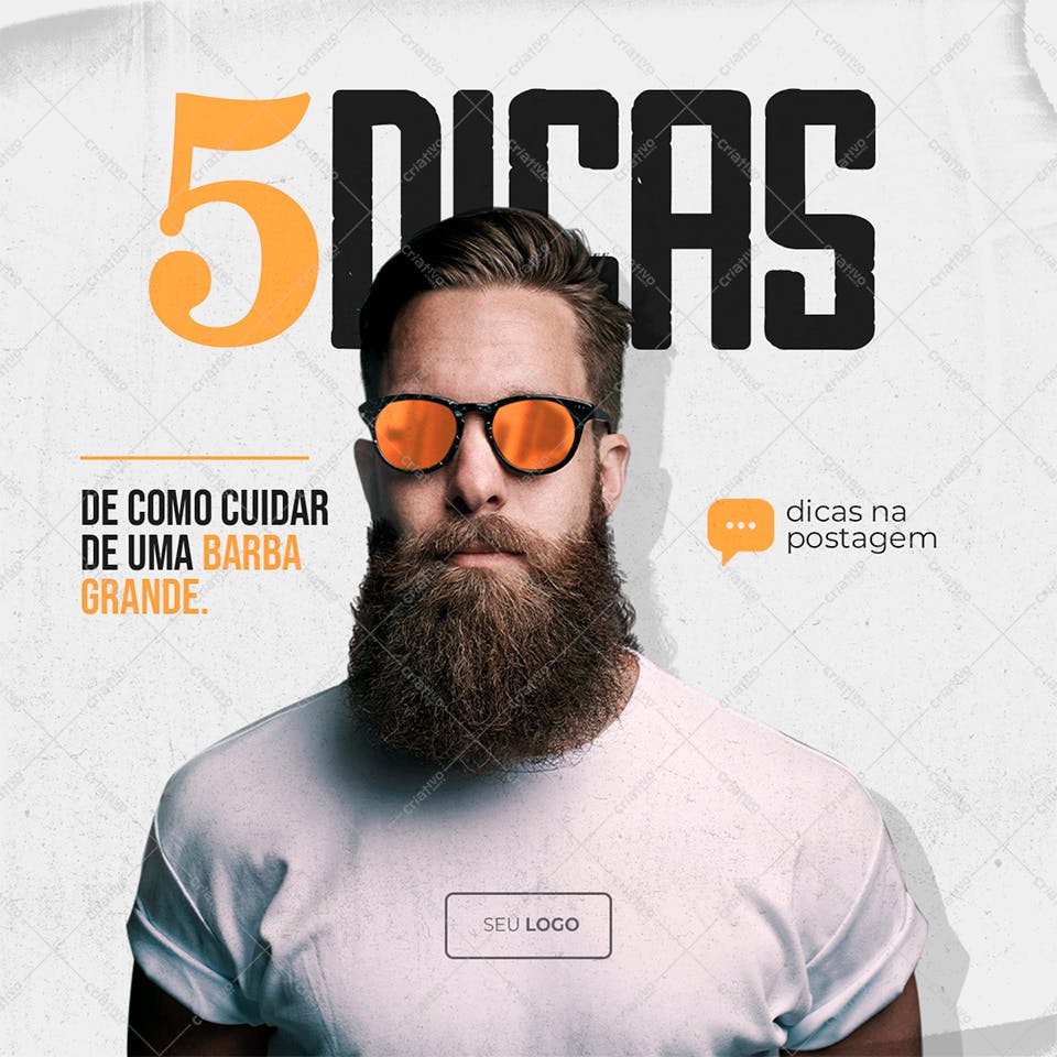 Post para Redes Sociais Cuidados com Barba Grande PSD Editável