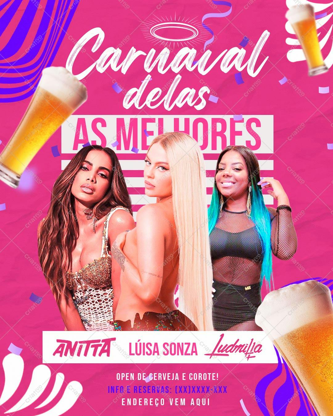 Flyer para Festa de Carnaval com Anitta, Luisa Sonza e Ludmilla PSD Editável