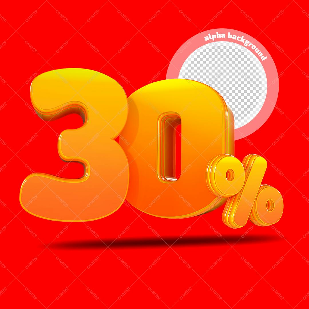 Selo 3D promocional 30% desconto amarelo e laranja