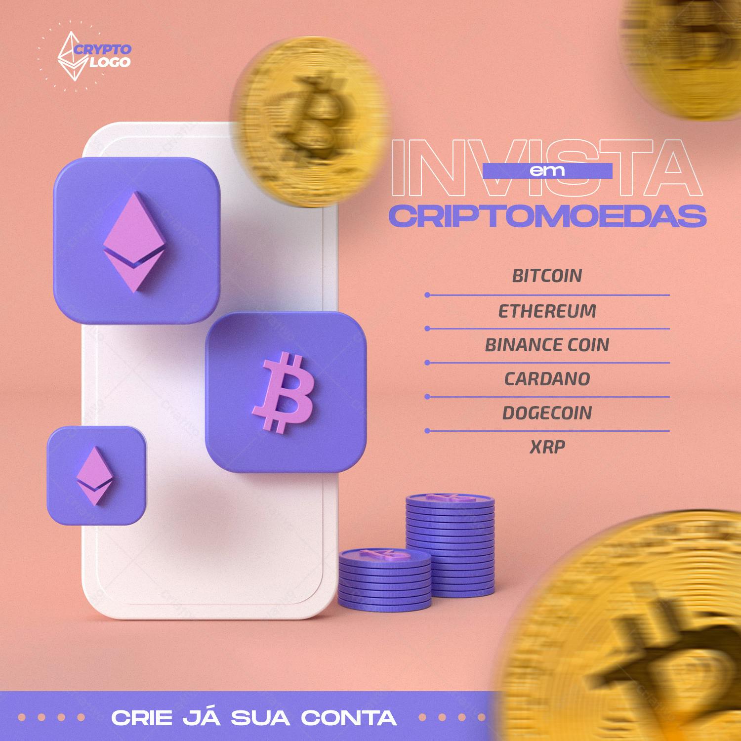Post para Redes Sociais sobre Investimento em Criptomoedas PSD Editável