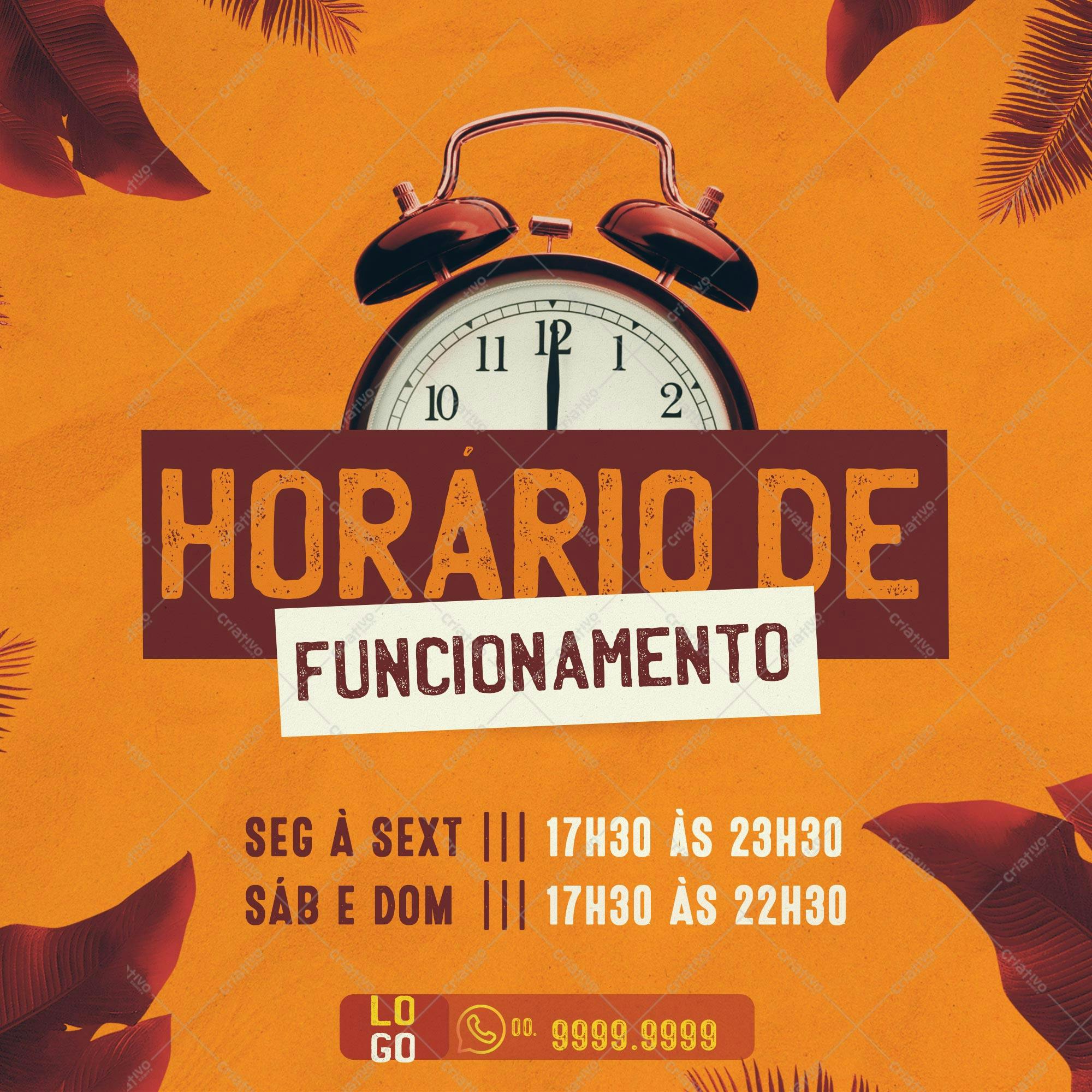 Post para Redes Sociais Horário de Funcionamento PSD Editável