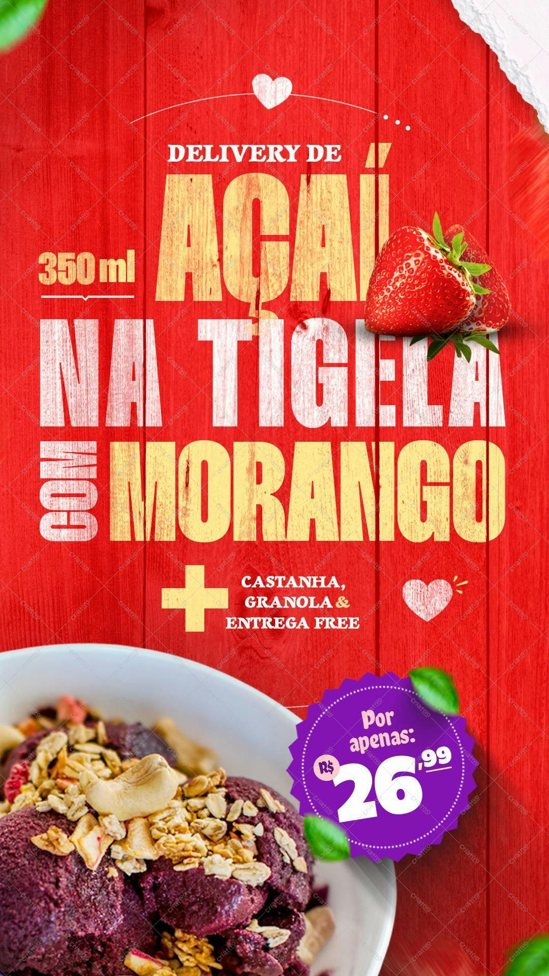 Cardápio Açaí na Tigela com Morango PSD Editável