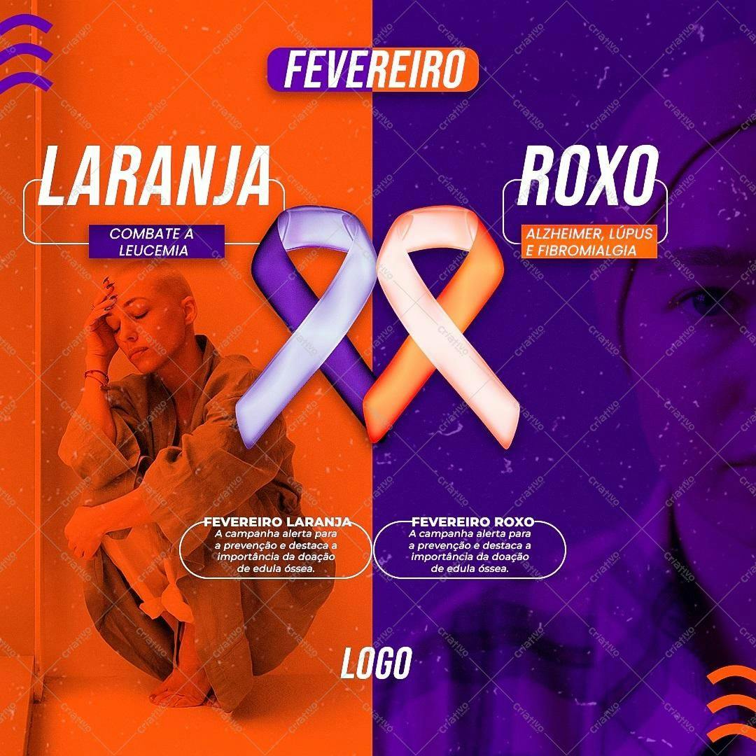Post para Redes Sociais Fevereiro Laranja e Roxo PSD Editável