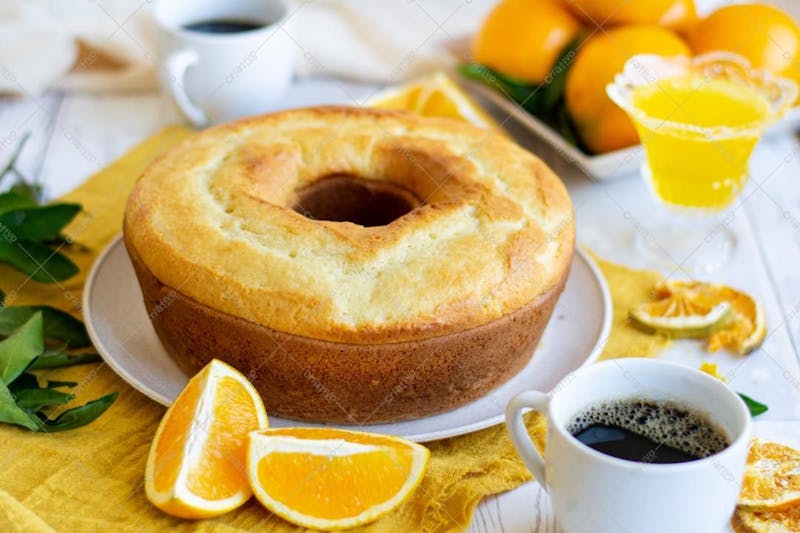 Foto de mesa de café com bolo de laranja