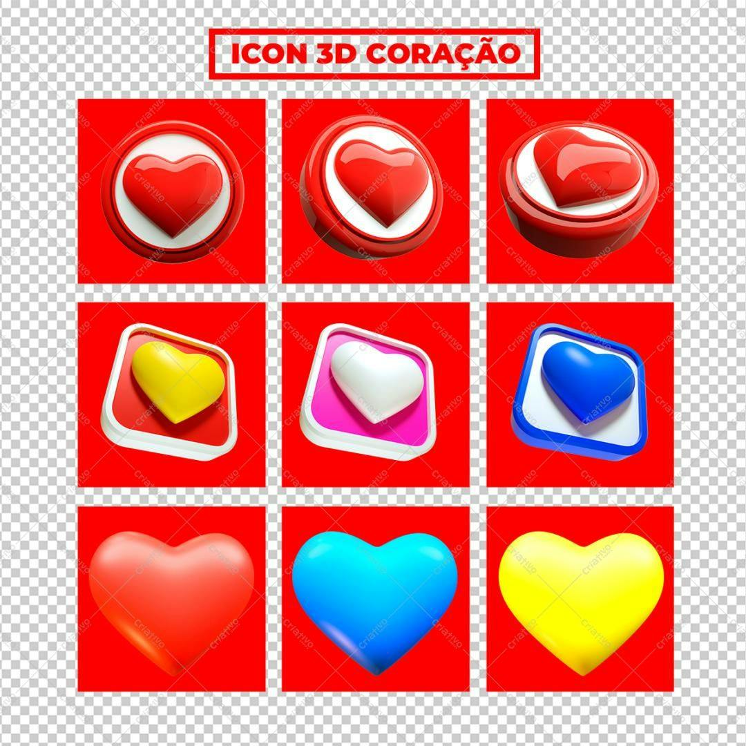 Ícones 3D Corações PNG com fundo transparente