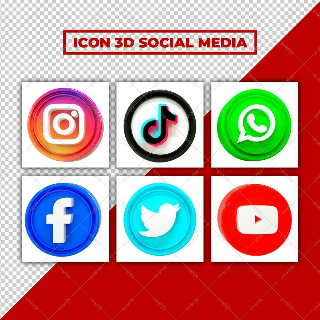 Ícones Redes Sociais 3D PNG com fundo transparente