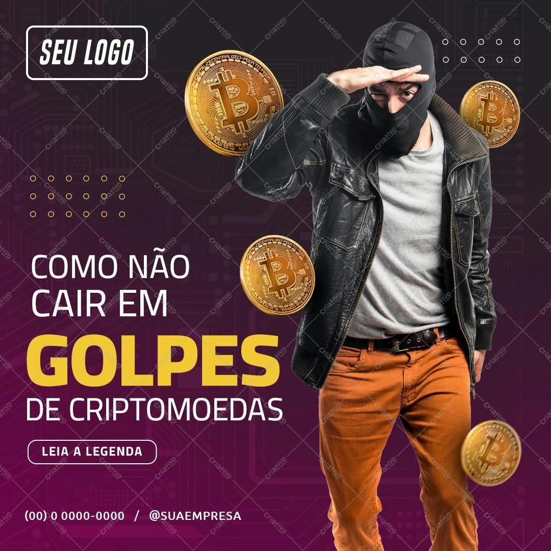 Post para Redes Sociais sobre Golpes de Criptomoedas PSD Editável