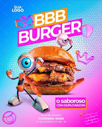 Bbb burger o saboroso com duplo bacon social media psd editavel