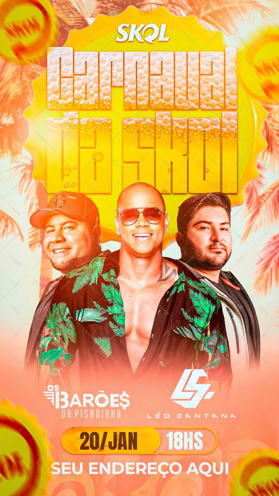 Flyer para Festa de Carnaval com Os Barões da Pisadinha e Léo Santana PSD Editável