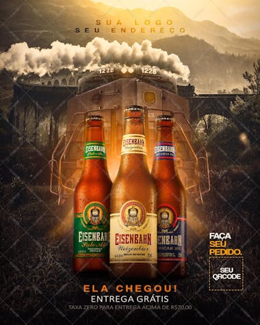 Ela chegou cerveja eisenbahn manipulacao de imagem social media psd editavel