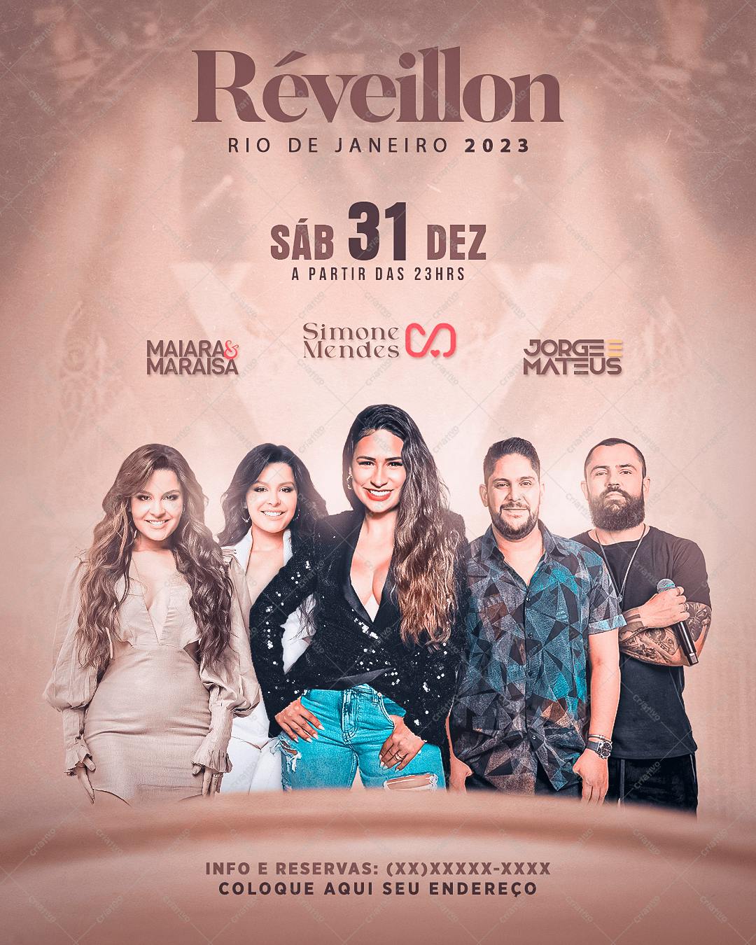 Flyer para Réveillon 2023 com Maiara & Maraisa, Simone Mendes e Jorge & Mateus PSD Editável