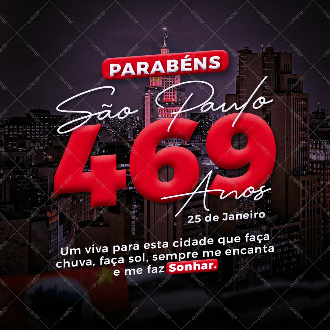 Post para Redes Sociais Aniversário São Paulo 469 anos PSD Editável