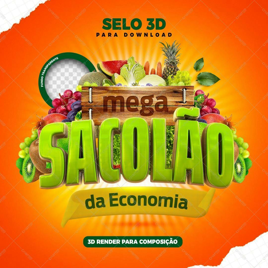 Selo 3D promocional verde e marrom frutas e legumes