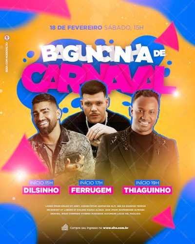 Flyer para Festa de Carnaval com Dilsinho, Ferrugem e Thiaguinho PSD Editável