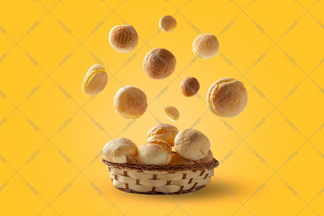 Pães de Queijo voando em cesta amarela