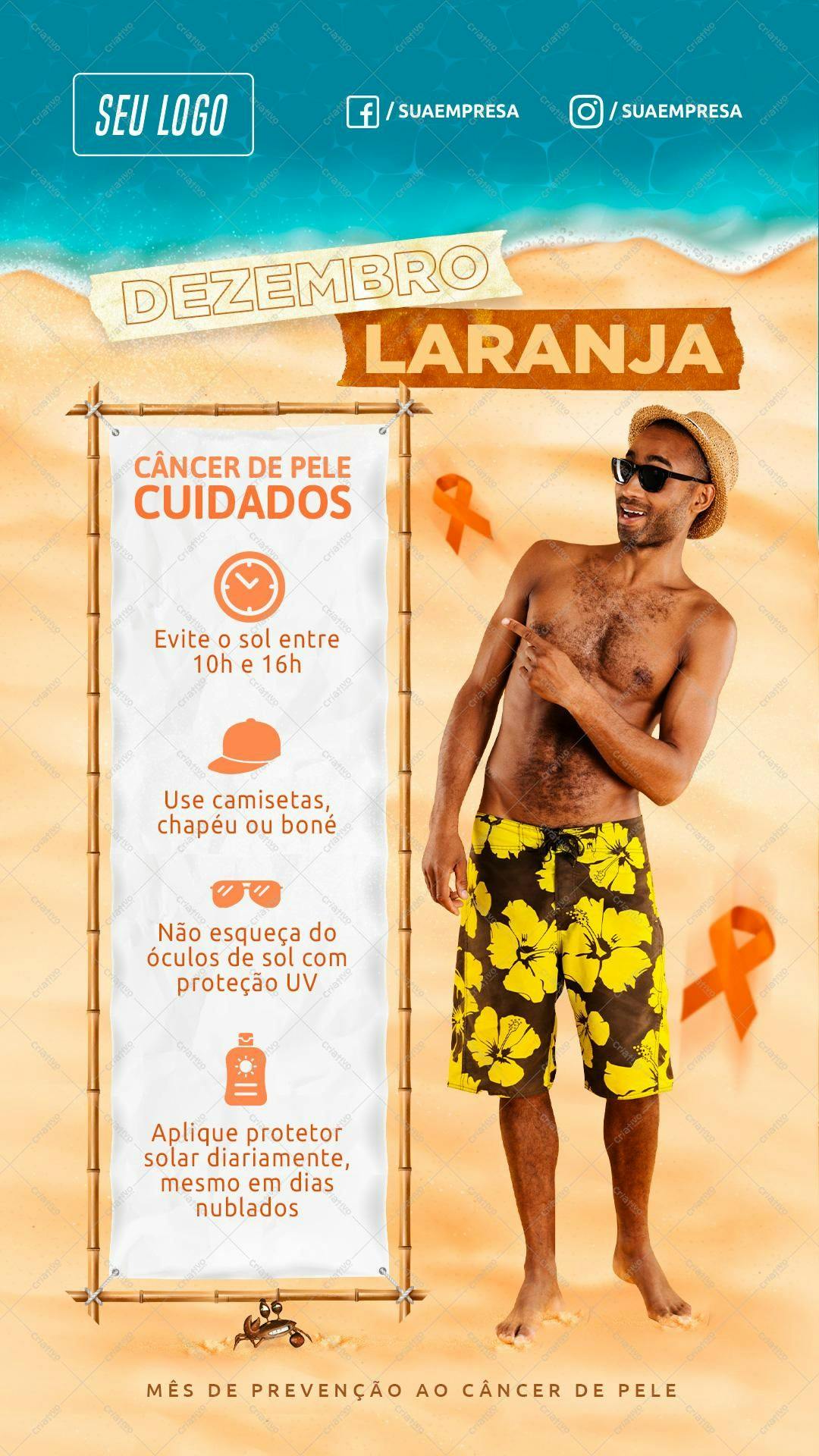 Cartaz Dezembro Laranja para Prevenção ao Câncer de Pele PSD Editável