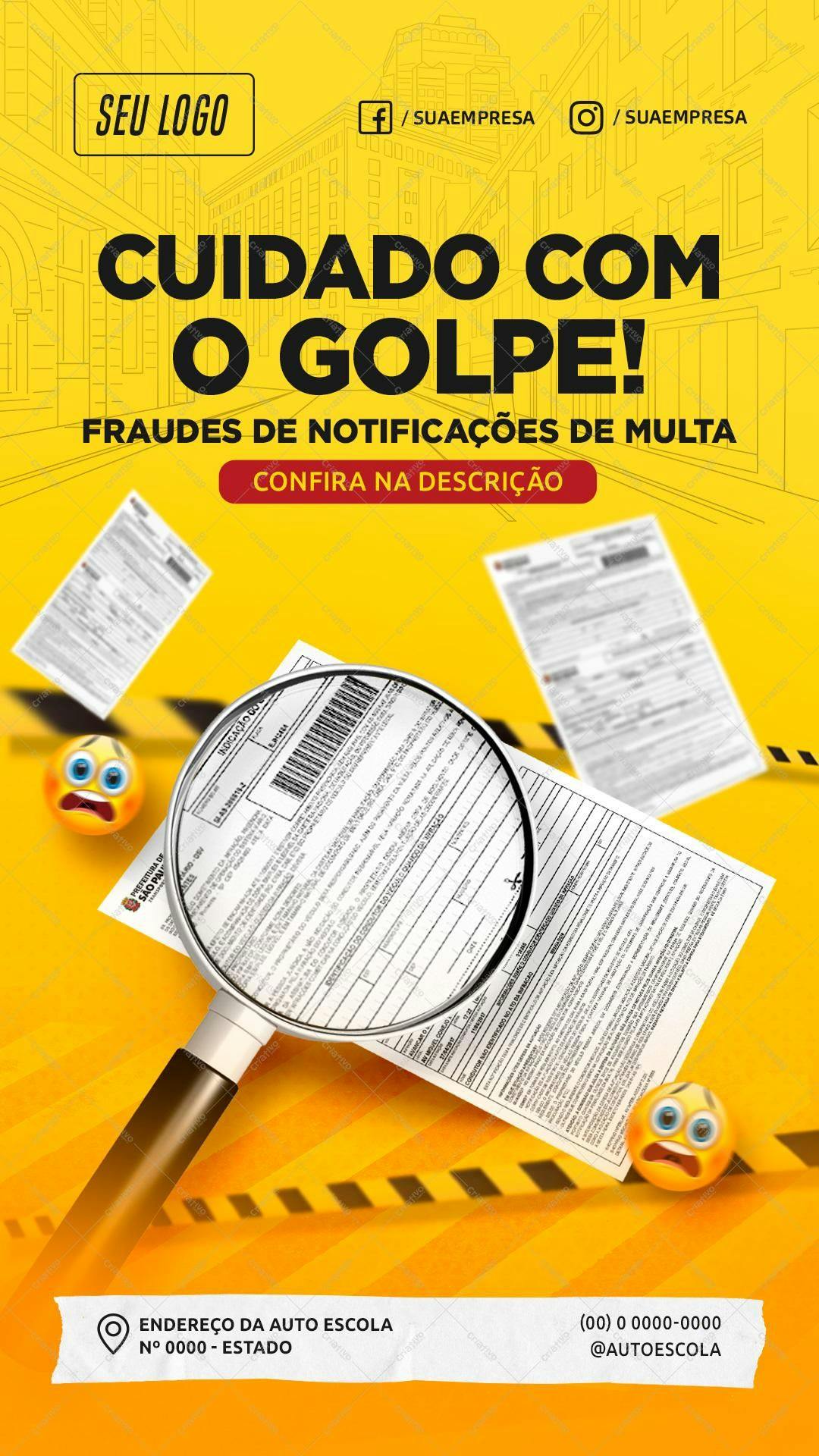 PSD Flyer Fraudes de Multas Autoescola Amarelo/Preto PSD Editável