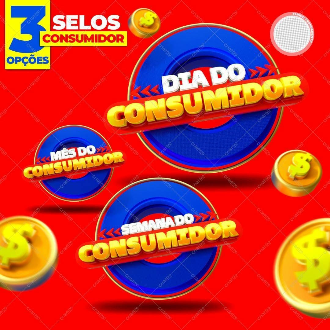 Selo 3D promocional Dia do Consumidor azul e dourado