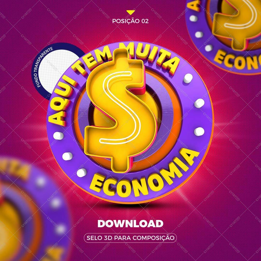 Selo 3D promocional economia amarelo e roxo