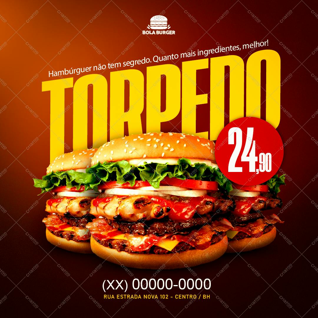 Flyer para Lançamento de Hambúrguer Torpedo PSD Editável