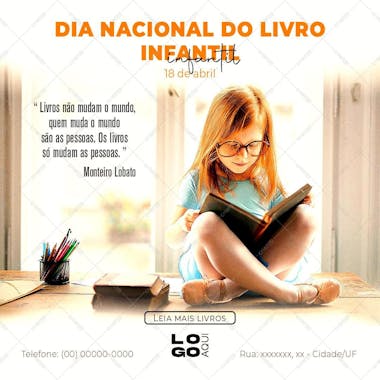 Dia nacional do livro infantil , arte editável, imagens inclusas, psd