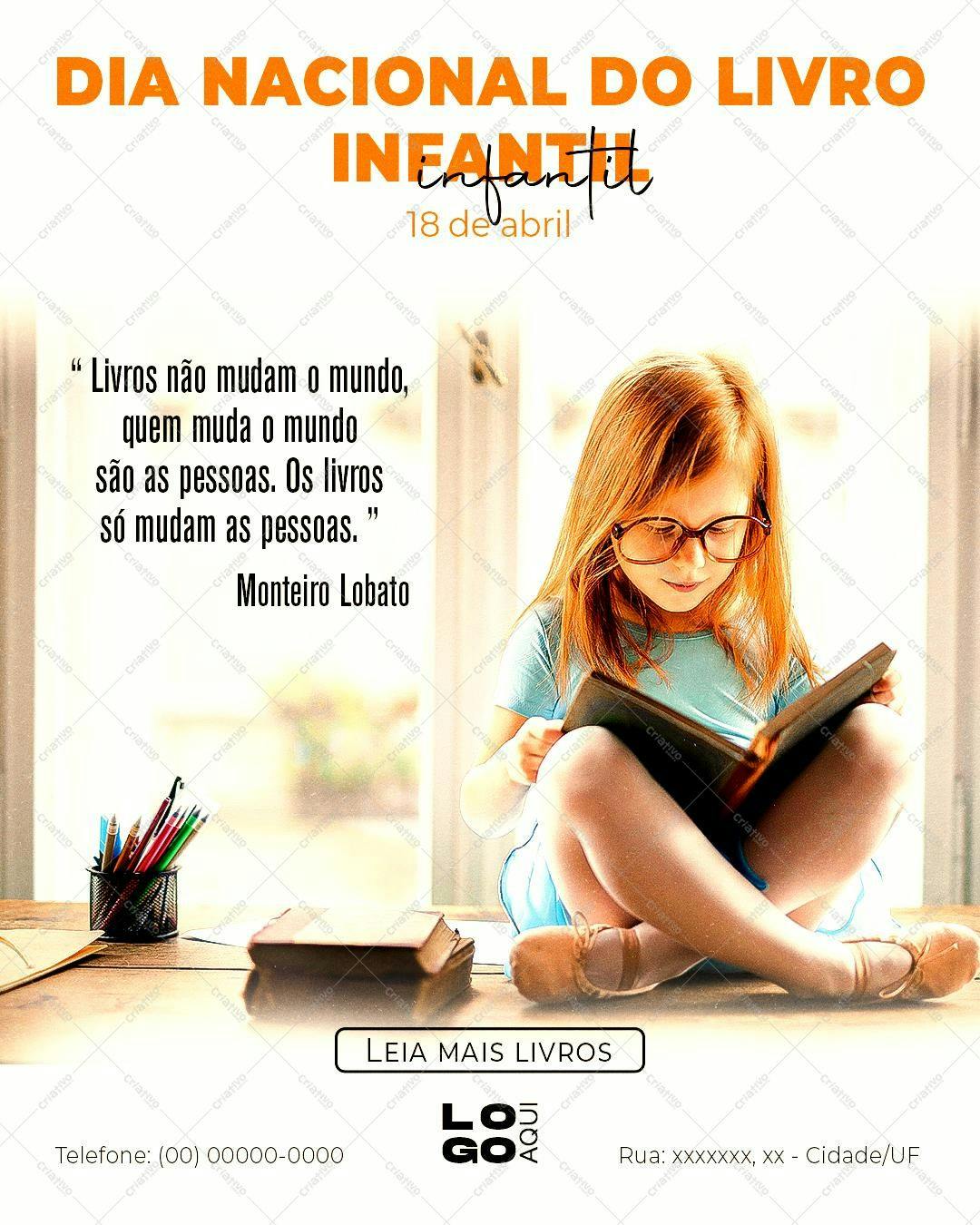 Post para Redes Sociais Dia Nacional do Livro Infantil PSD Editável