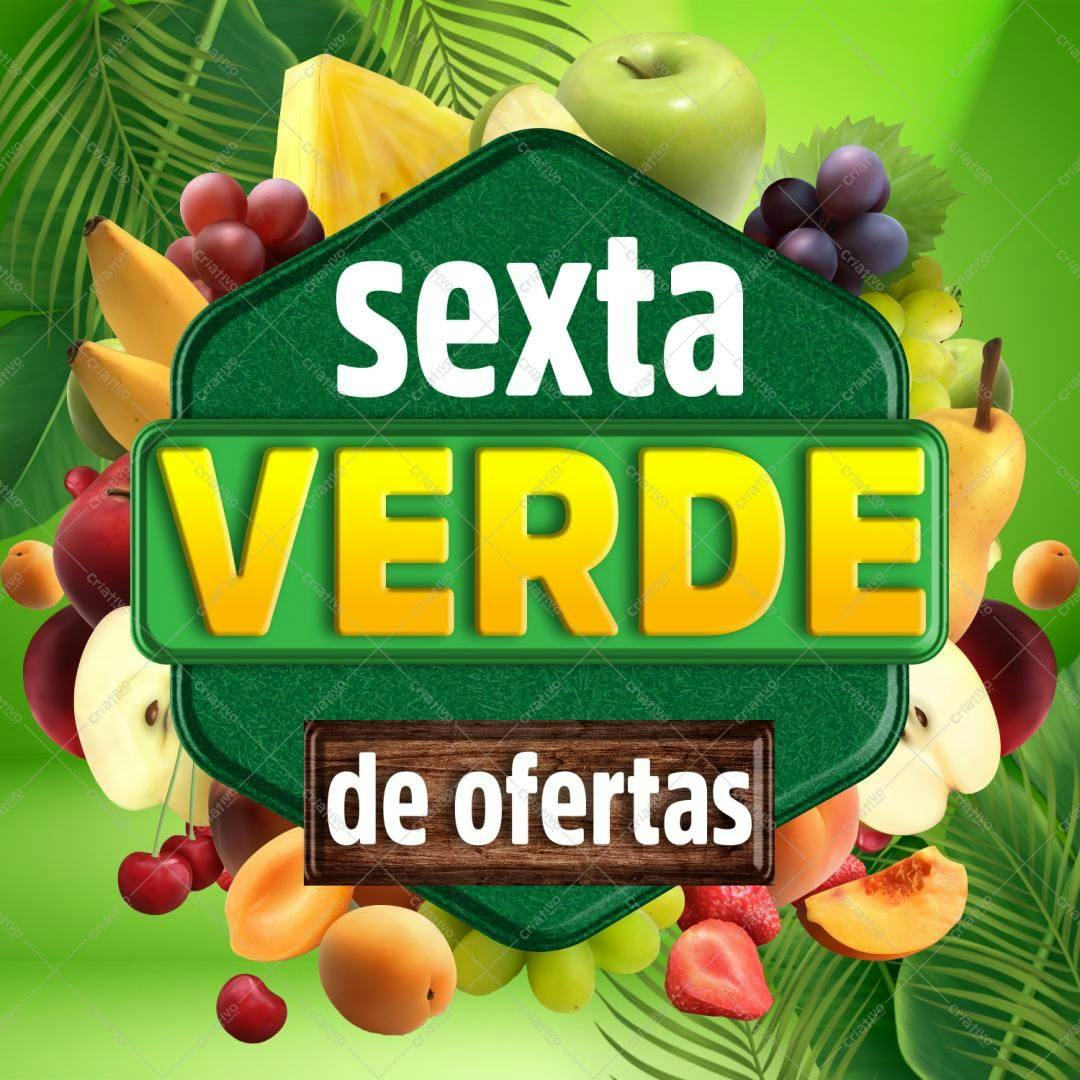 Selo 3D promocional verde e amarelo com frutas